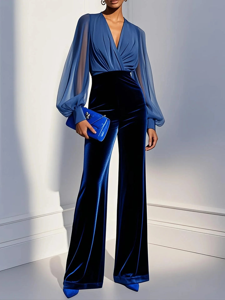 CLAIRE™ |  Blue Mesh V-neck Velvet Jumpsuit