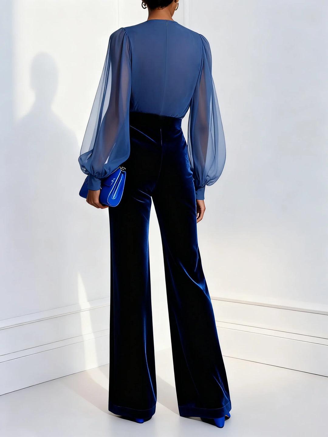 CLAIRE™ |  Blue Mesh V-neck Velvet Jumpsuit